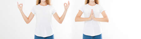 Collage of woman with calm and relaxed expression, standing in yoga pose with spreaded arms.Set of close-up of hands of pretty girl in t-shirt, meditating indoors, focus on arms.Copy spaceの写真素材