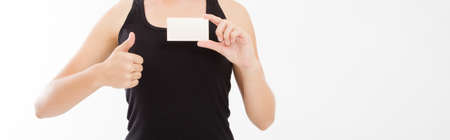 cropped portrait woman,girl showing businesscard isolated on white,blank