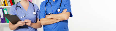 Male and female body of doctors with stethoscopes : healthcare and medical concept. Copy space,...