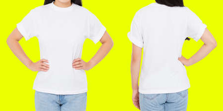 front and back views woman in white t shirt isolated on yellow background, Mock up for designの写真素材