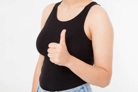 woman or girl showing one or like count isolated on white background. Mock up. copyspace. template....