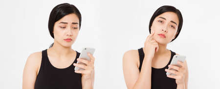asian, korean girl holding smartphone, collage isolated on white background. copy spaceの写真素材