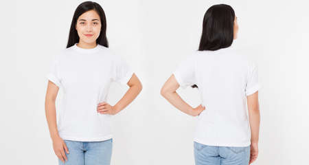 young asian japanese woman in blank white t-shirt. t shirt design and people concept. Shirts front...