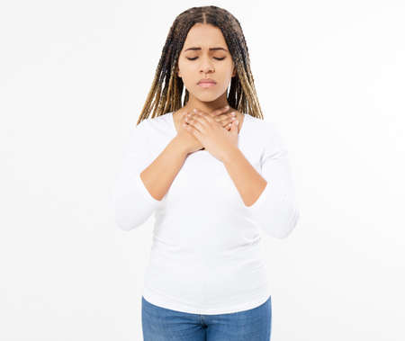 afro american girl feeling exhausted and suffering from neck pain on white background