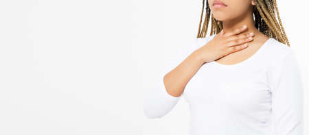 afro american girl feeling exhausted and suffering from neck pain on white background