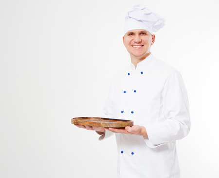 chef holding empty wooden tray isolated on white background, blank,copy space