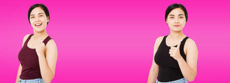 set,collage sexy happy asian,korean woman isolated on purple background success concept