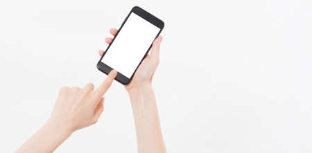 woman shows blank display of mobile phone, hand points to device, blank screen cellular