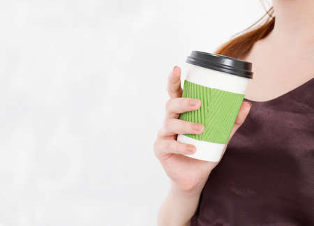Girl with coffee. Morning drink.Top view. Mock up. copyspace. template. blank.の写真素材