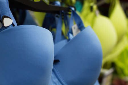 Summer bra bikini fashion. Colorful beach clothes. Swimsuit background texture. selective focus.の写真素材