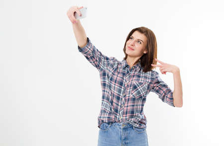 Selfie of nice cute stylish flirty cheerful lovely attractive adorable brunette girl woman with long...