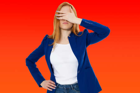 Woman do face palm, girl make facepalm, female migraine, head pain, bad feeling, tired woman - red...