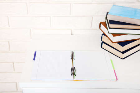 Workplace and education accessories on white table. selective focusの写真素材