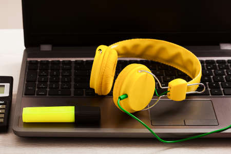 Creative workspace with work accessories and copy space on white wooden table. top viewの写真素材