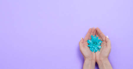 Summer flowers composition with girl hand isolated. Save environment concept. mother and women day. Valentine holidays concept. Top view and copy space. Blank template, mock up. flower season. Bannerの写真素材