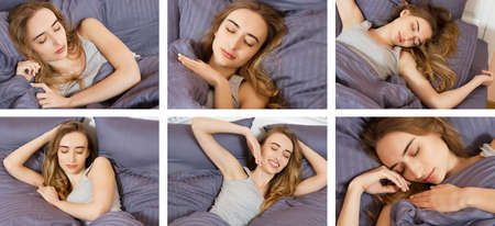 Beautiful girl sleeps in the bedroom - collage. Sleeping woman in bed close up billboard. Young beautiful woman sleeping. Portrait of the beautiful young woman sleeping in dark bed. sleep collageの写真素材