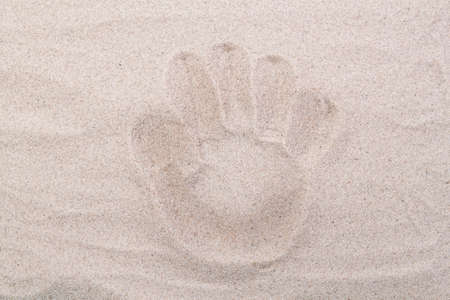 Palm footprint in the sand top view. Sand copy space. Sand background top view.の写真素材