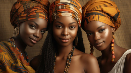 Three elegant Afro-American women dressed in beautiful traditional African clothing, posing in a natural outdoor setting. The intricate details of their outfits and their natural beauty make for an inspiring and captivating image - AI Generativeの素材