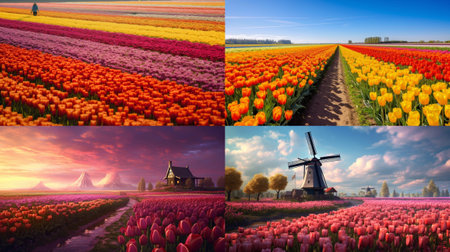Tulip fields at sunrise: A stunning nature landscape with vibrant colors and warm tones - AI Generative,This photograph is perfect for a wide range of uses, from website backgrounds and marketing materials to inspirational posters and home decorの素材