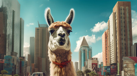 cute cheerful lama on the background of the city, Humorous image of a llama in the city, ai generativeの素材