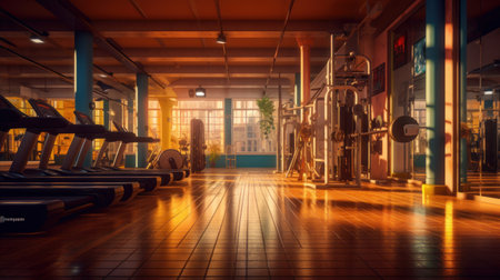 Stylish gym background, gym with exercise equipment without people, sunrise or sunset in the gym ai generativeの素材