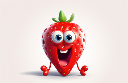 Cartoon character of strawberry with happy expression, 3d render illustrationの素材