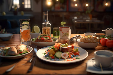 Restaurant table with food and drinks. Food styling and restaurant meal serving.の素材
