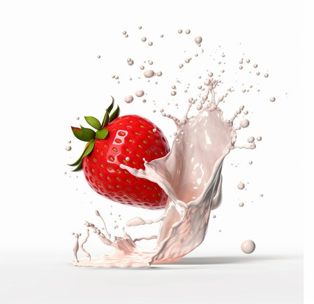 Strawberry with milk splash isolated on white background. 3d illustrationの素材