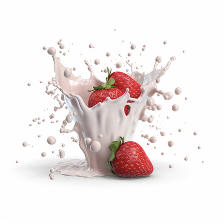 Milk splash with strawberry isolated on white background. 3d illustrationの素材