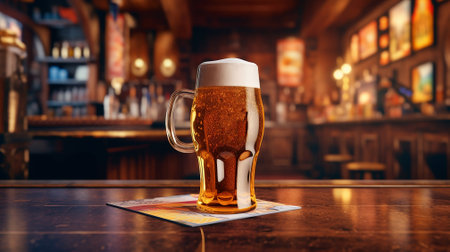 glass of beer on table in bar or pub background, copy space for print, beer images for advertisingの素材