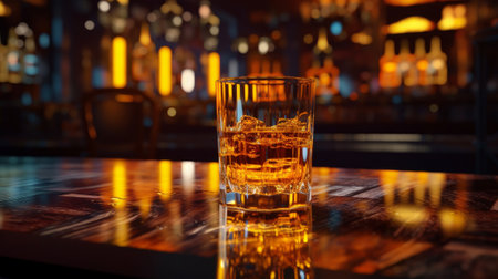 Glass of whiskey with ice cubes on bar counter, close-upの素材