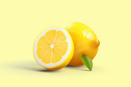 Lemon and slice isolated on yellow background. 3d illustration.の素材