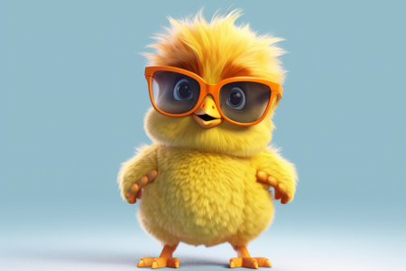 Cute little yellow chicken with sunglasses on blue background. 3D renderingの素材