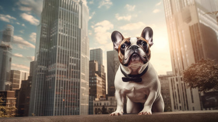 french bulldog, french bulldog on city background, cute dog on city background copy space. Dog picture with free space for advertising printの素材