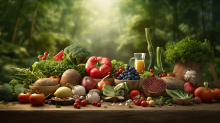 Healthy food background. Vegetables, fruits and other foodstuffs on wooden table.の素材