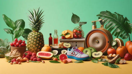 Healthy lifestyle concept with fresh fruits and vegetables on yellow background.の素材