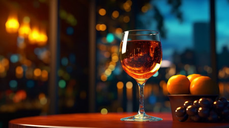 Wineglass with red wine on the background of the night city.の素材