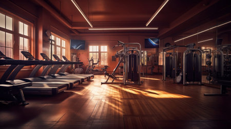 Modern gym interior with fitness equipment. horizontal composition. Toned.の素材
