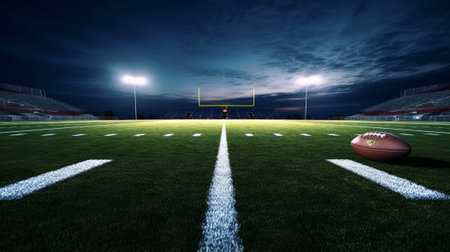 3D rendering of an american football field with lights at nightの素材