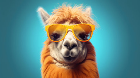 Funny alpaca wearing sunglasses and looking at camera on blue backgroundの素材