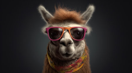 Llama wearing sunglasses and scarf on dark background. 3d renderingの素材