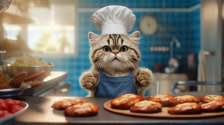 Cute cat in chef hat and apron with buns in the kitchenの素材