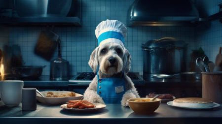 A dog in a chef's hat and a blue apron is preparing food in the kitchen.の素材
