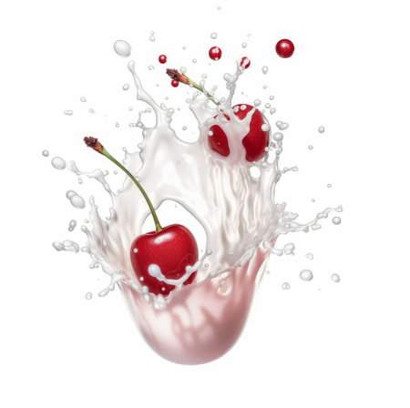 Cherry in milk splash isolated on white background. 3d illustrationの素材