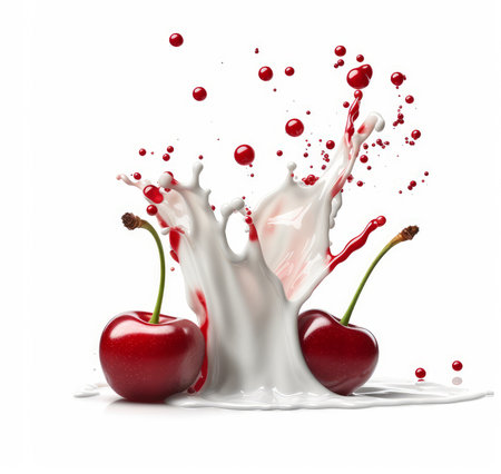 Cherry and milk splash isolated on white background. 3d renderingの素材