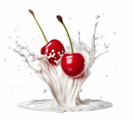 Cherry in milk splash, isolated on white background. 3d illustrationの素材