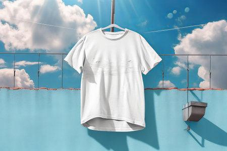 T-shirt hanging on a rope against blue sky with white cloudsの素材