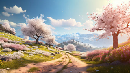 Cherry blossoms blooming in the mountains. spring landscape.の素材