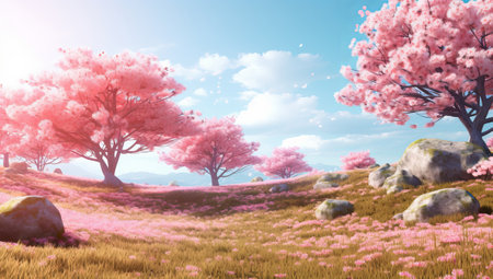 Cherry blossom spring landscape background. 3D rendering.の素材
