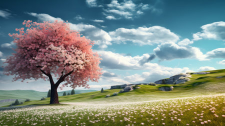 Spring landscape with cherry blossom tree and cloudy sky. 3d renderingの素材